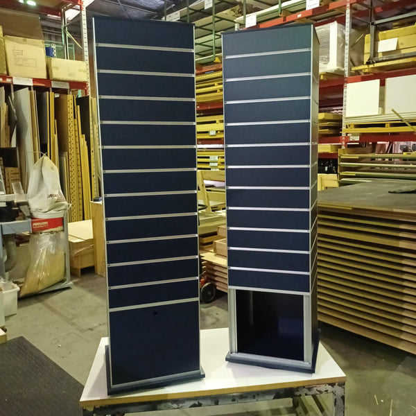 2 x Plankwall black display towers TOWX164ECON shown in the factory