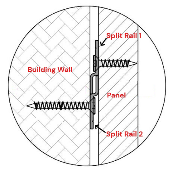 black and white close up diagram showing two split rail lengths attaching a panel to a wall 