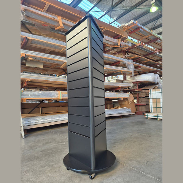 3 sided display slatwall tower on wheels 