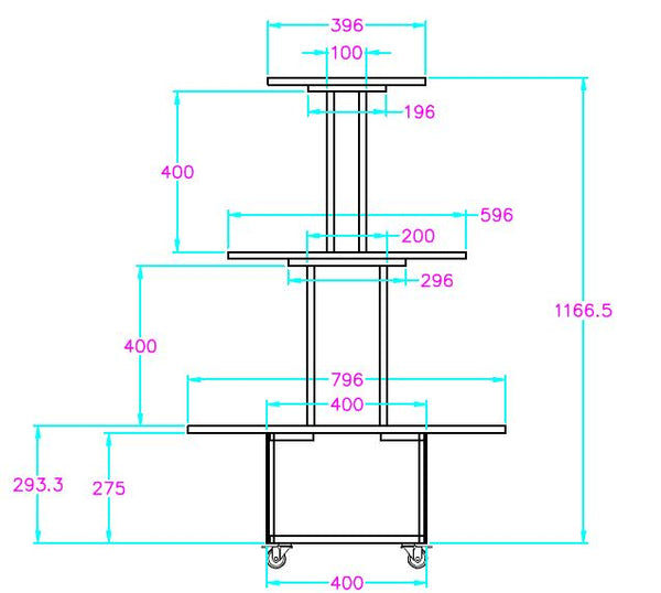 illustration showing dimensions and measurements of the Plankwall slimline, high capacity 3 tier retail display unit