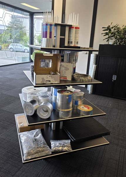 Plankwall five tier retail display stand displaying merchandise in a showroom