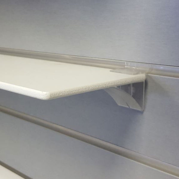 Clear acrylic shelf bracket for slatwall display retail wall with melamine shelf