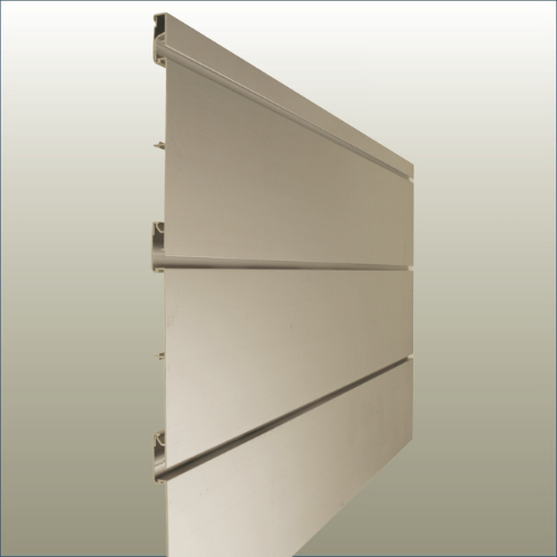 Plankwall All Ali aluminium slatwall 150mm pitch panels in close up on gold background