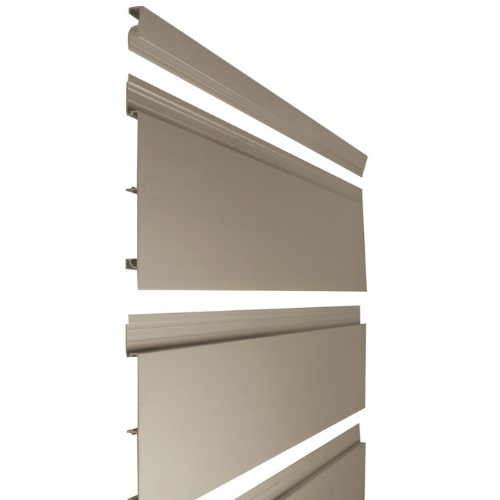 Plankwall All Ali aluminium slatwall 150mm pitch panels in sections in close up.