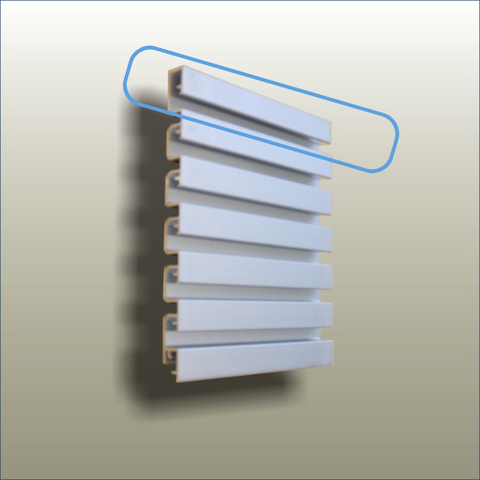 Plankwall All Ali 25mm pitch aluminium slatwall in sections showing top plank circled in blue