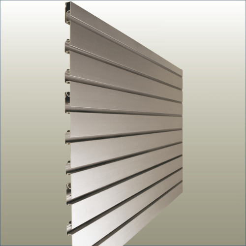 Cut out of the Plankwall All Ali 50mm pitch Aluminium slatwall product on gold background