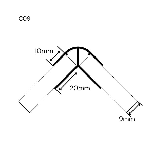 Technical drawing showing dimensions of C09 external corner panel join for 9mm non-mitred mdf panels on a white background