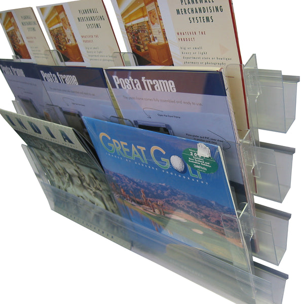 Close up of the Calext clear plastic modular magazine display system holder with various brochures and magazines inside clear cut on a white background