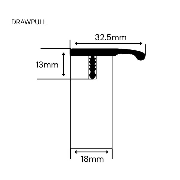 Technical dimension diagram of a DRAWPULL drawer pull joinery profile in a panel with measurements and the text 'DRAWPULL' in the upper left on a white background.