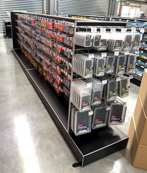 Double plinth display gondola in black at the shop