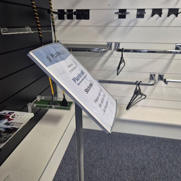 close up of the radius sign holder floor stand in the showroom 