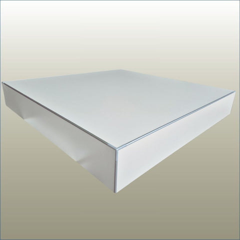 Plankwall stacker plinth for floor stock in white with aluminium edging on a gold background
