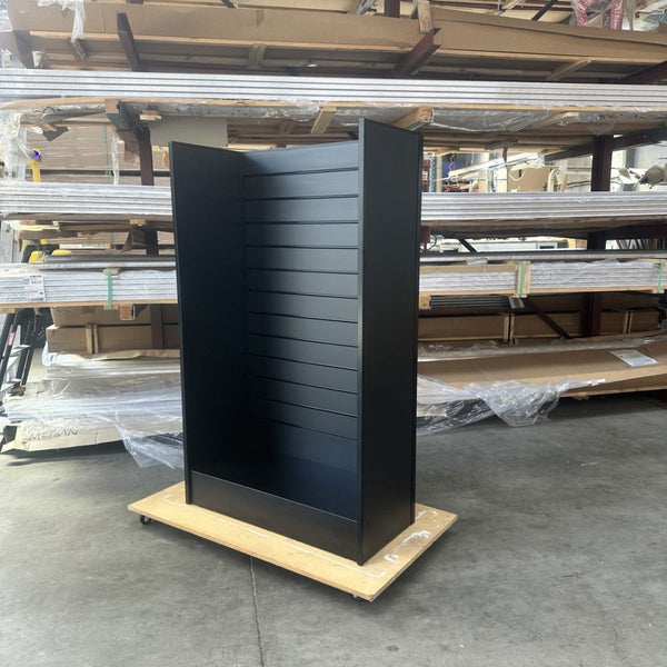 custom design your Plankwall freestanding panel display walls with side walls shown here with black pvc inserts.