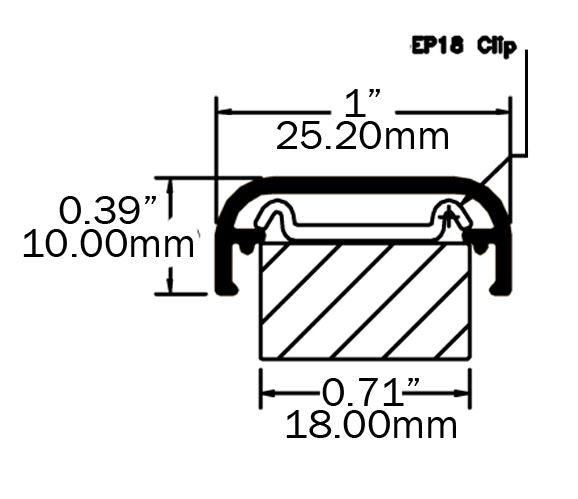 Technical drawing of an G18 capping show wuth an EP18 clip with dimensions labeled for framing 18mm MDF panels