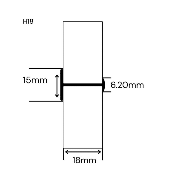 Technical dimension diagram of a aluminium butt join profile with a horizontal center tab, showing measurements of 15mm, 18mm, and 6.20mm, labeled H18.