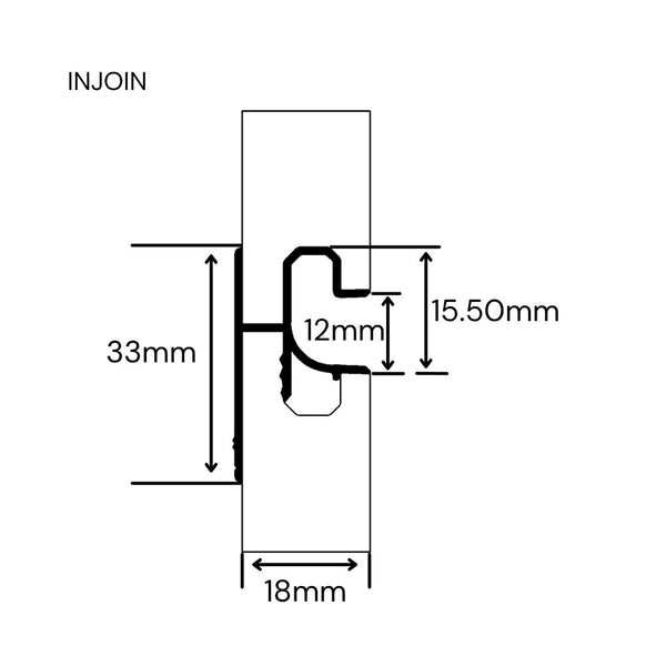 technical drawing  of INJOIN Stickman slimline Aluminium slatwall J insert joining two MDF panels labelled with measurements on a white background