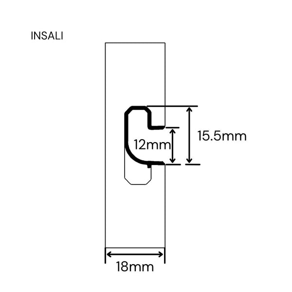technical drawing  of INSALI Stickman slimline Aluminium slatwall J insert labelled with measurements on a white background