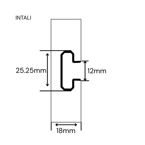 technical drawing  of INTALI Stickman slimline Aluminium slatwall T insert labelled with measurements on a white background