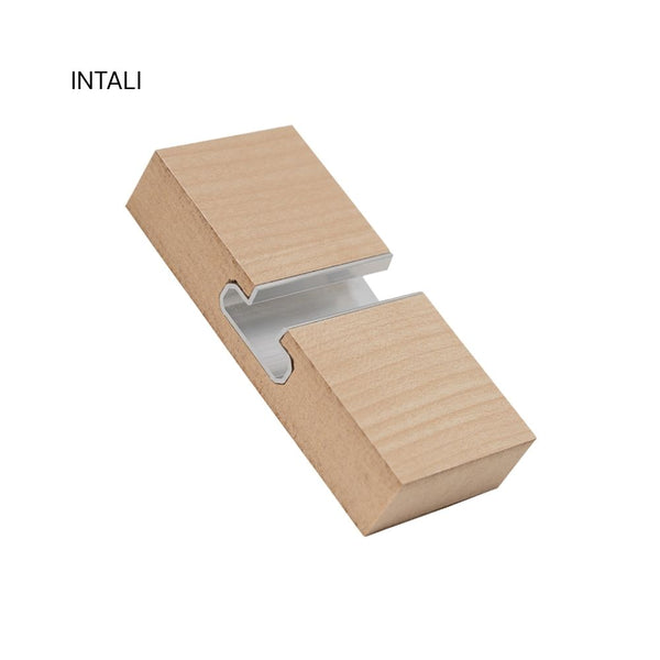 close up of INTALI Stickman slimline Aluminium slatwall T shaped insert labelled on a white background