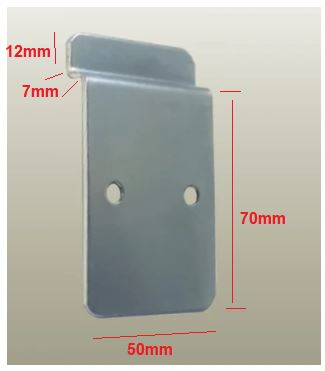 J shaped slatwall Metal bracket with dimensions marked on a beige background