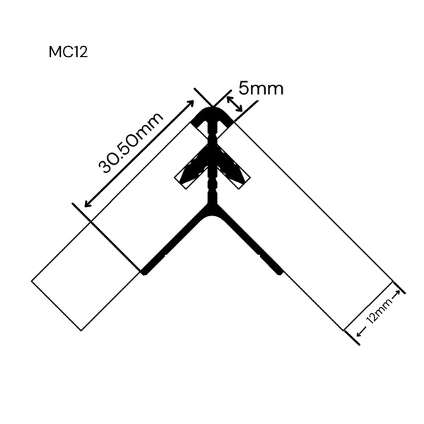 Black line diagram of a Stickman External corner join for 12mm panels with dimension annotations reading 30,50mm, 12mm, and 5mm on a white background, with the text MC12 in the upper left.
