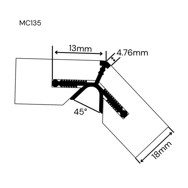 Technical line drawing of a MC135 135 degree corner join in panels with dimension annotations labeled MC135 on a white background.
