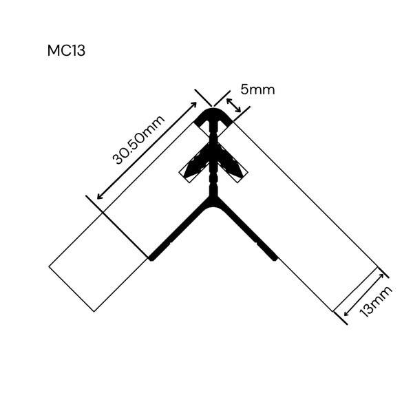 Technical dimension drawing of a MC13 external corner join for MDF panels