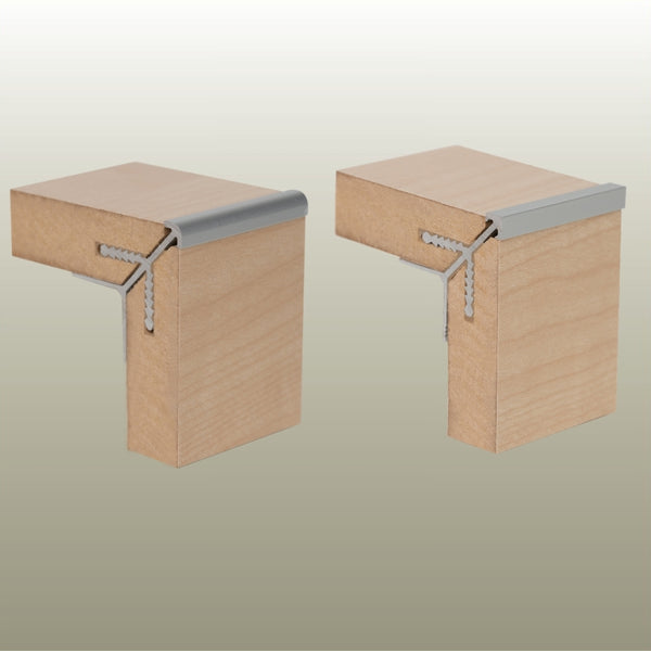 MC16 External Corner joins for 16 mm MDF panels - Round Head and Square head show on a gold background