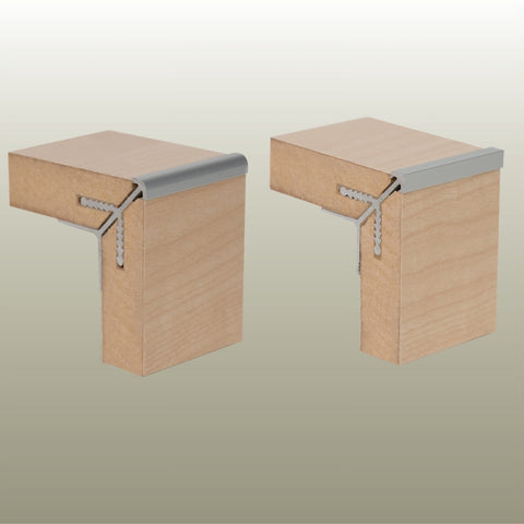 MC16 External Corner joins for 16 mm MDF panels - Round Head and Square head show on a gold background