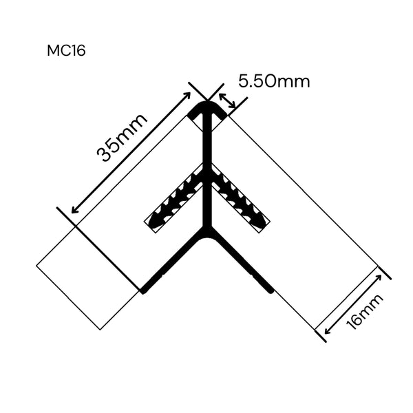 Technical dimension diagram of a external corner panel join labelled MC16, showing product measurements.