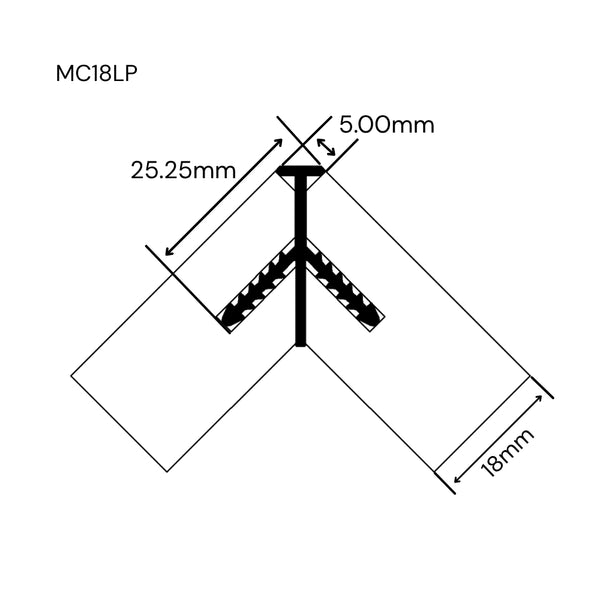 Technical dimension diagram of a MC18LP external corner join for MDF, labeled MC18LP, showing measurements