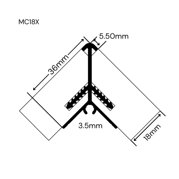 technical dimension drawing of a MC18X Extnernal corner join for slatwall panels