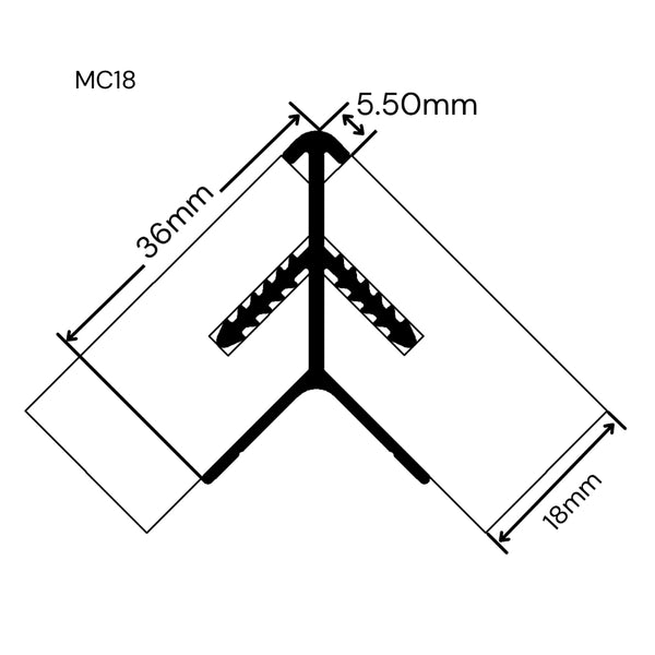 Technical drawing showing dimensions of MC18 external corner panel join