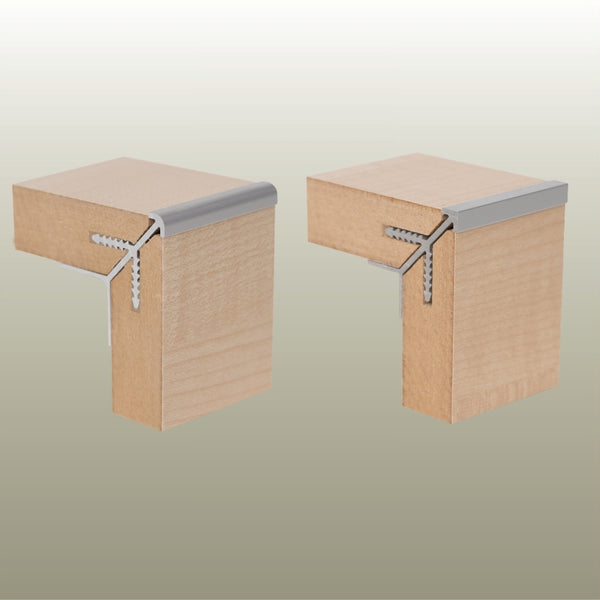 close ups of Stickman slimline Aluminium Extrusions: MC18 and MCS18 Exterior Corner join 