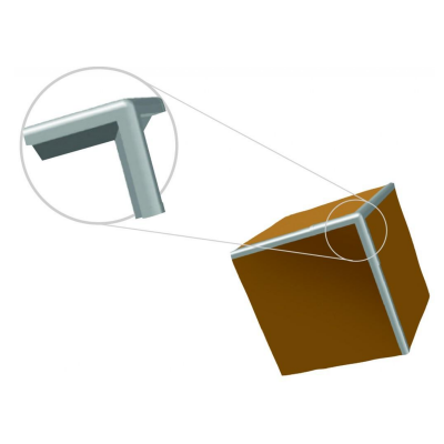 A 3D rendering of an MDF corner join with aluminium joinery, shown with a circular magnified inset of a MC3 3 way corner join detail on a white background.