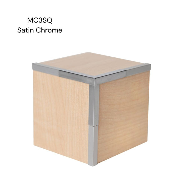 A MC3SQ square head 3 way corner join sample shown in satin chrome aluminium joining light wood MDF panels on a white background labelled MC3SQ Satin Chrome.