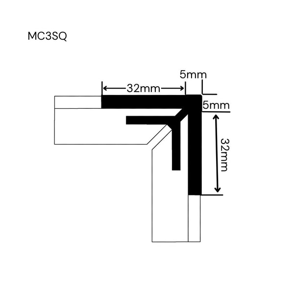 A black-and-white technical dimension drawing of a square head 3 way corner join   labeled MC3SQ, with measurements 32mm, 5mm, and 32mm shown on a white background.