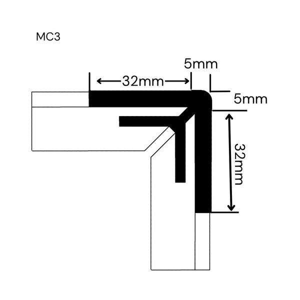 A black-and-white technical dimension drawing of a round head 3 way corner join   labeled MC3, with measurements 32mm, 5mm, and 32mm shown on a white background.