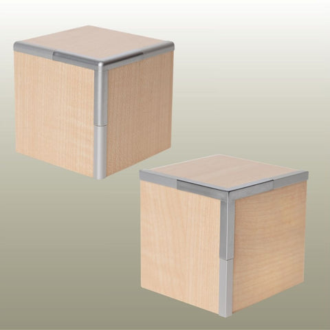 Two light wood MDF samples with MC3 3 way corner joins - one round and one square head shown from different angles on a soft beige gradient background.