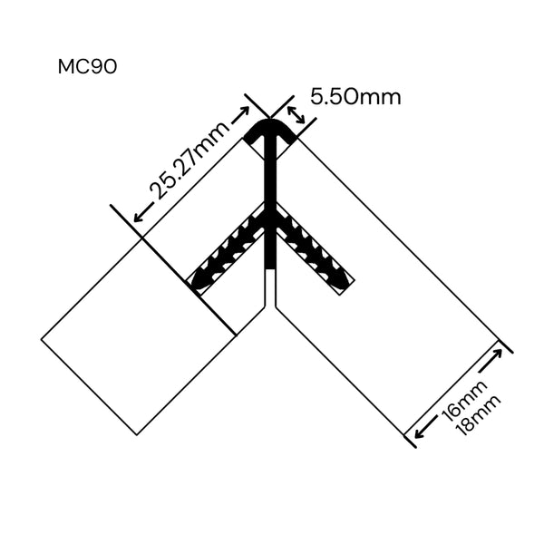 Black and white technical dimension diagram of an external corner joins for 18mm and 16mm panels labeled MC90, showing measurements of 25.27mm, 16mm/18mm, 5.