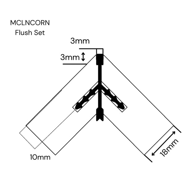 B&W Technical drawing with measurements of Stickman external corner join Linear System MCLNCORN flush set