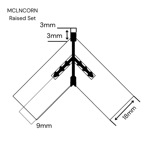 B&W Technical drawing with measurements of Stickman external corner join Linear System MCLNCORN raised set