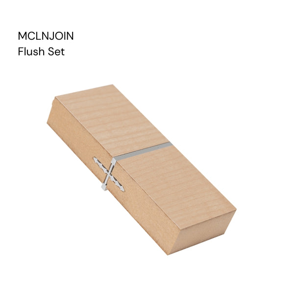Hero shot of a MCLNJOIN Linear Butt Join aluminium joinery profile with flush set labelled in MDF on a white background