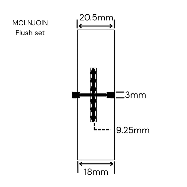 Technical dimension diagram of a Stickman MCLNJOIN Flush set butt join in two panels