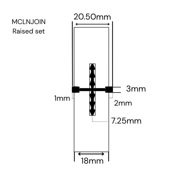 Technical dimension diagram of a Stickman MCLNJOIN raised set butt join in two 18mm panels