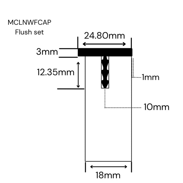 Technical dimension diagram showing a MCLNWFCAP Stickman Linear wall fix capping profile in flush set profile with labeled measurements in an 18mm panel