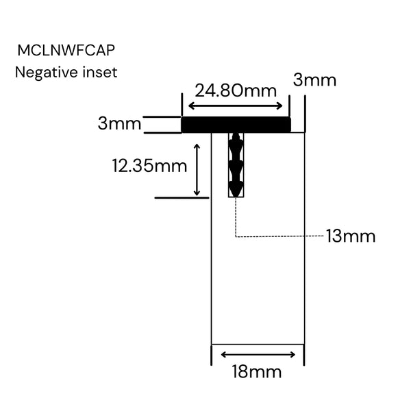 Technical dimension diagram showing a MCLNWFCAP Stickman Linear wall fix capping profile in negative inset profile with labeled measurements in an 18mm panel