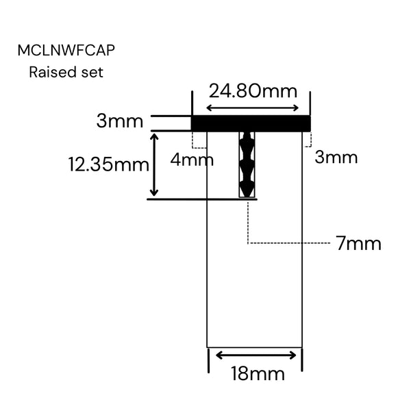 Technical dimension diagram showing a MCLNWFCAP Stickman Linear wall fix capping profile in raised set profile with labeled measurements in an 18mm panel