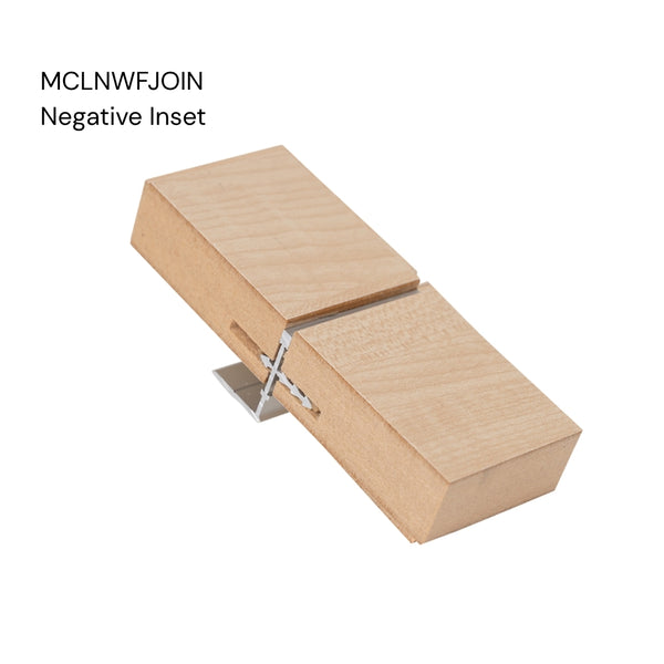 a close up of a Stickman Linear MCLNWFJOIN sample - a aluminium butt join profile in negative inset with wall fix in MDF panels on a white background labelled with the product name