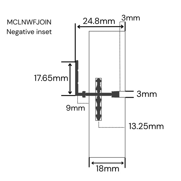 Technical dimension diagram of an aluminium wall fix butt join labeled MCLNWFJOIN negative set joining two 18 mm panels